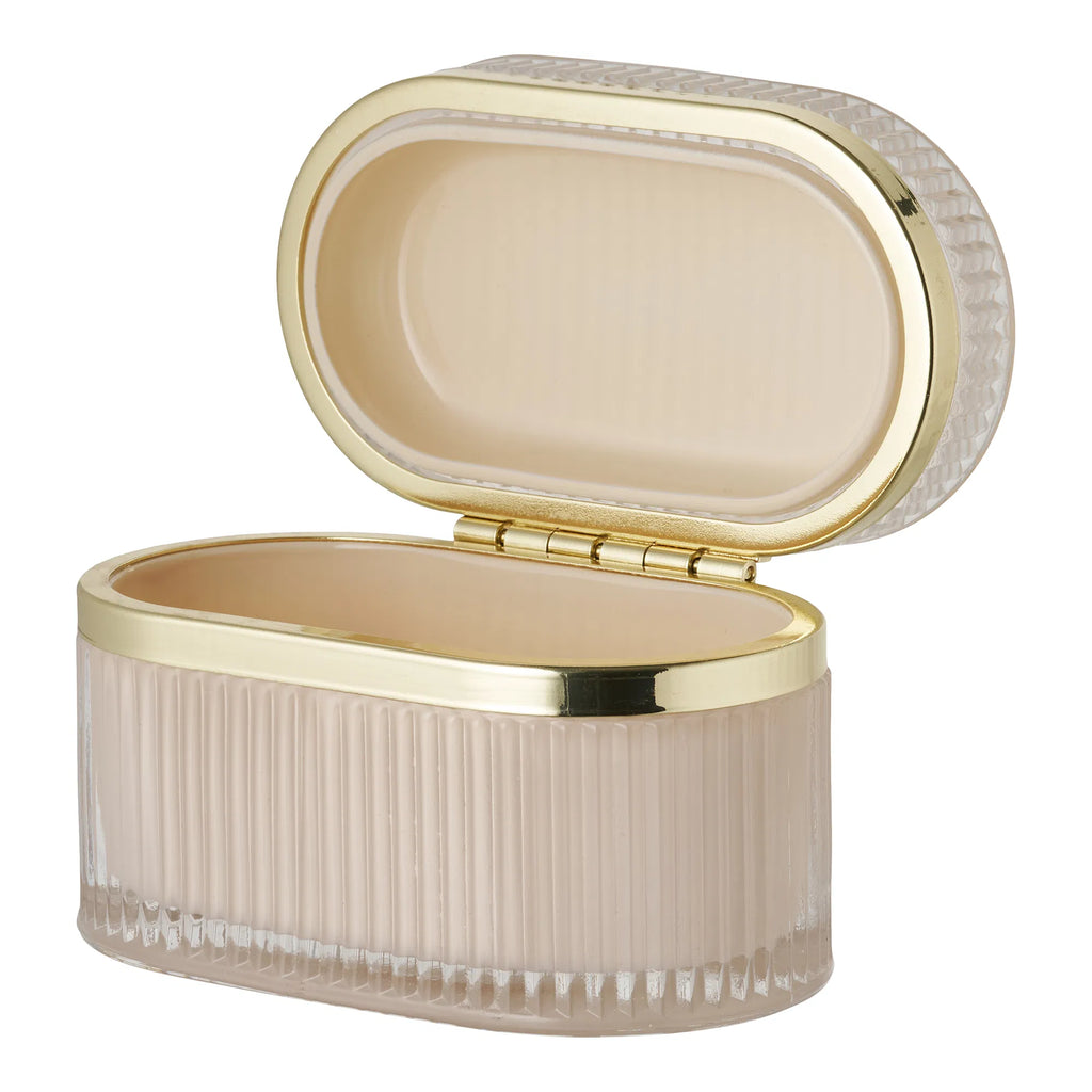 Elegant glasbox med mässingsdetalj – nude