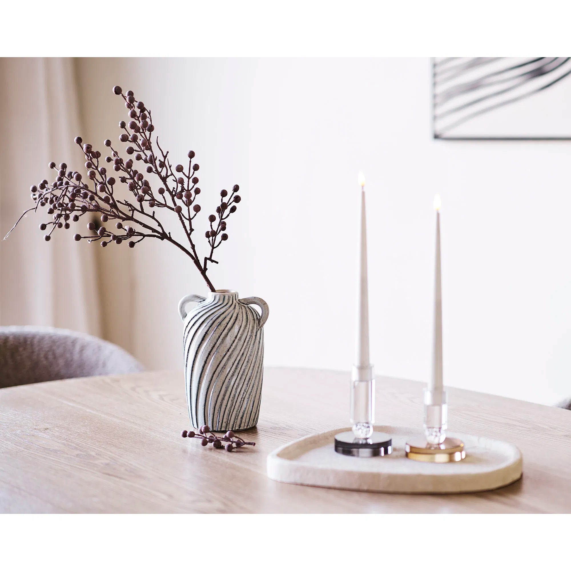 Ljusstake i glas – grå/vit